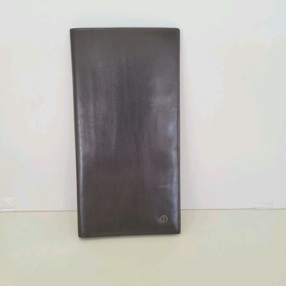 Dunhill Designer Checkbook Card Slim Bill Holder Wallet Brown Bifold Leather Vtg - Picture 1 of 10